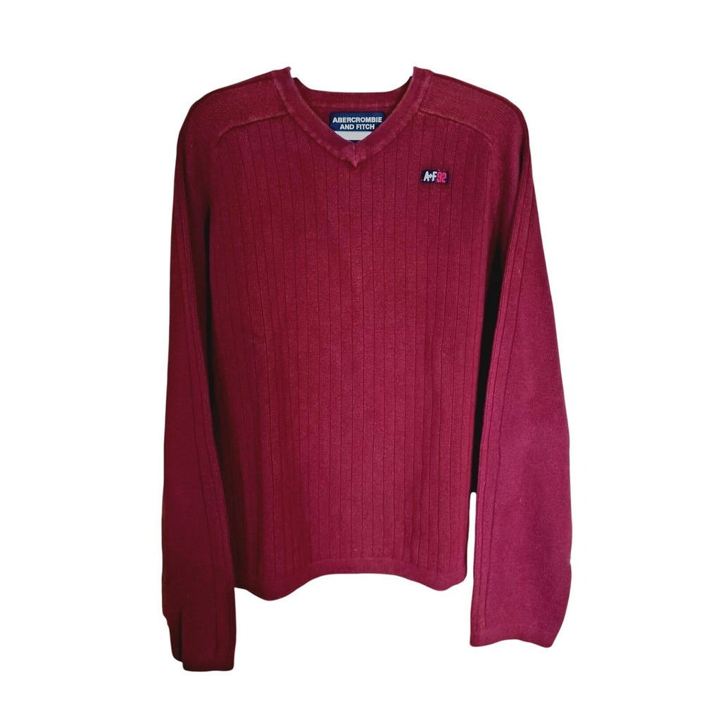 Abercrombie and Fitch Men XL Burgundy Ribbed V-Neck Sweater A+F 92 Maroon Cotton